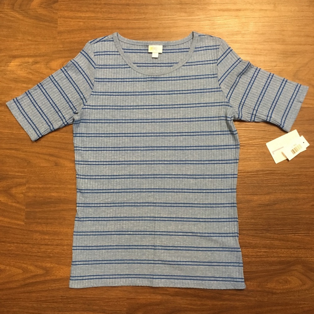 NWT Blue Striped Fitted Elbow-Sleeve Tee, sz L